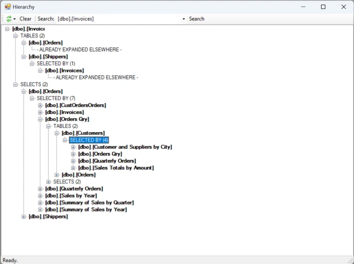 SQL Browser - Dependency tree screenshot