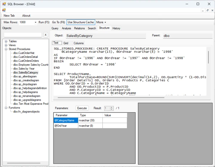 SQL Browser - Run Stored Procedure and Function with parameters screenshot