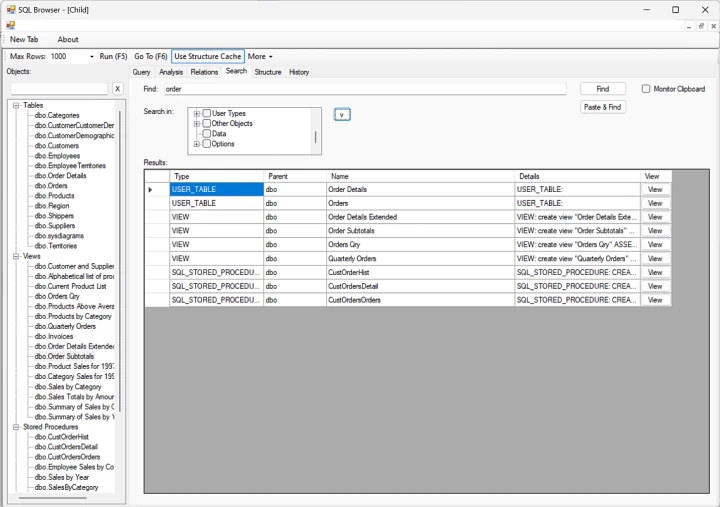 SQL Browser - Search a database object screenshot